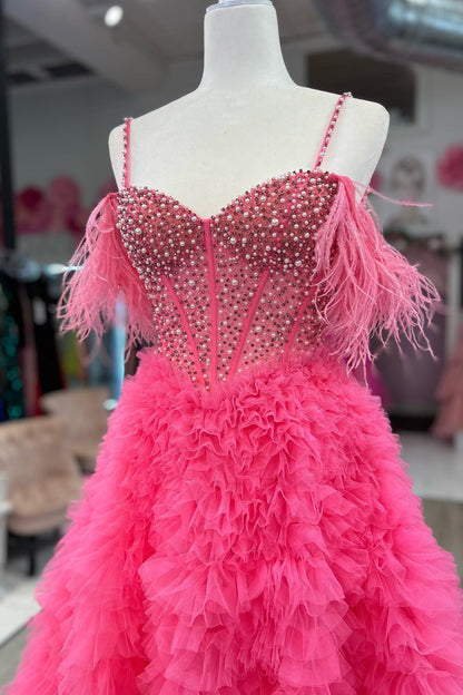 Hot Pink Cold Shoulder Beaded Feathers Tiered Long Prom Dress