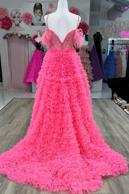 Hot Pink Cold Shoulder Beaded Feathers Tiered Long Prom Dress