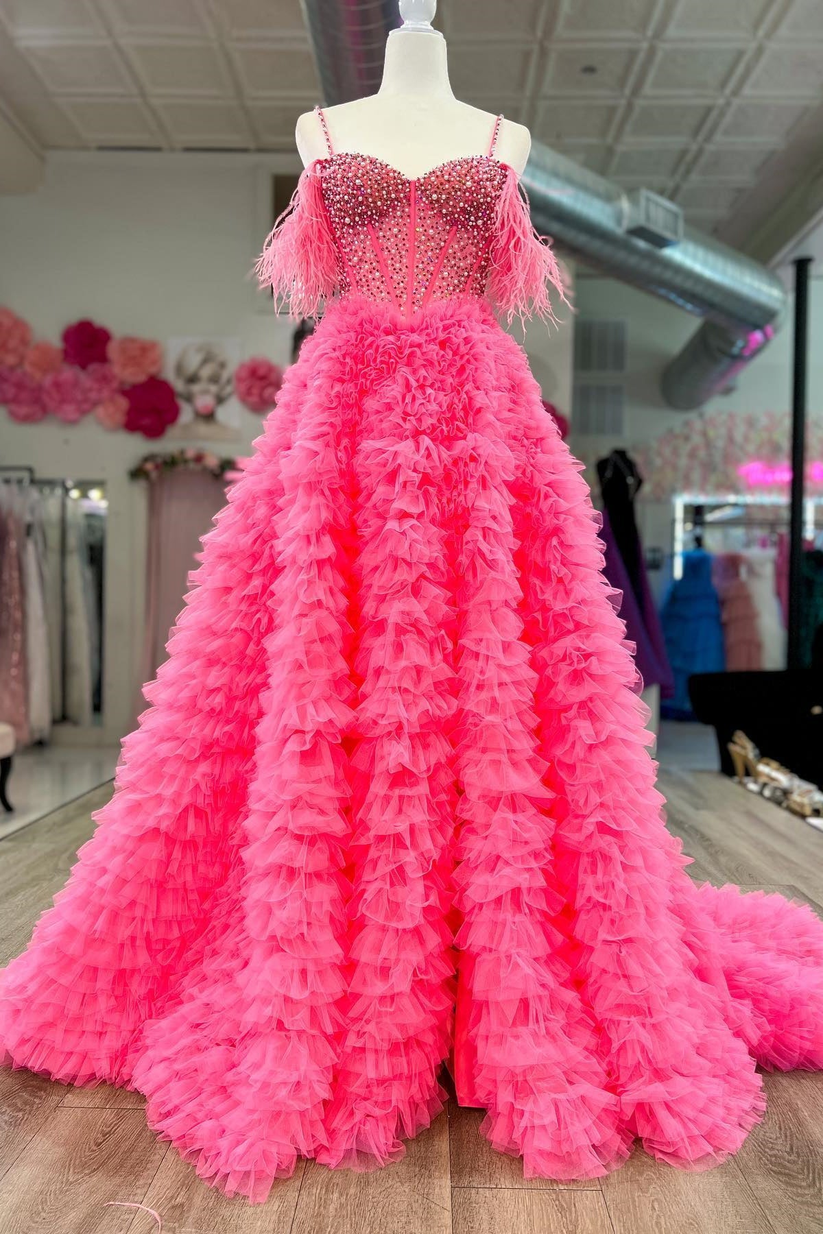 Hot Pink Cold Shoulder Beaded Feathers Tiered Long Prom Dress