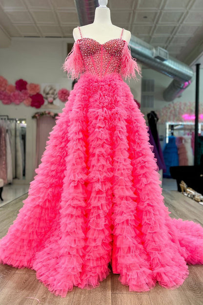 Hot Pink Cold Shoulder Beaded Feathers Tiered Long Prom Dress