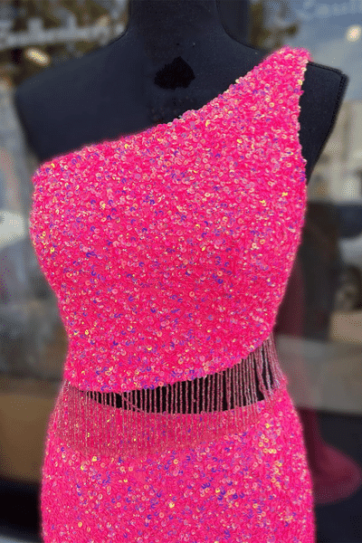 Fuchsia Sequins One Shoulder Cut-Out Tassels Long Prom Dress with Slit