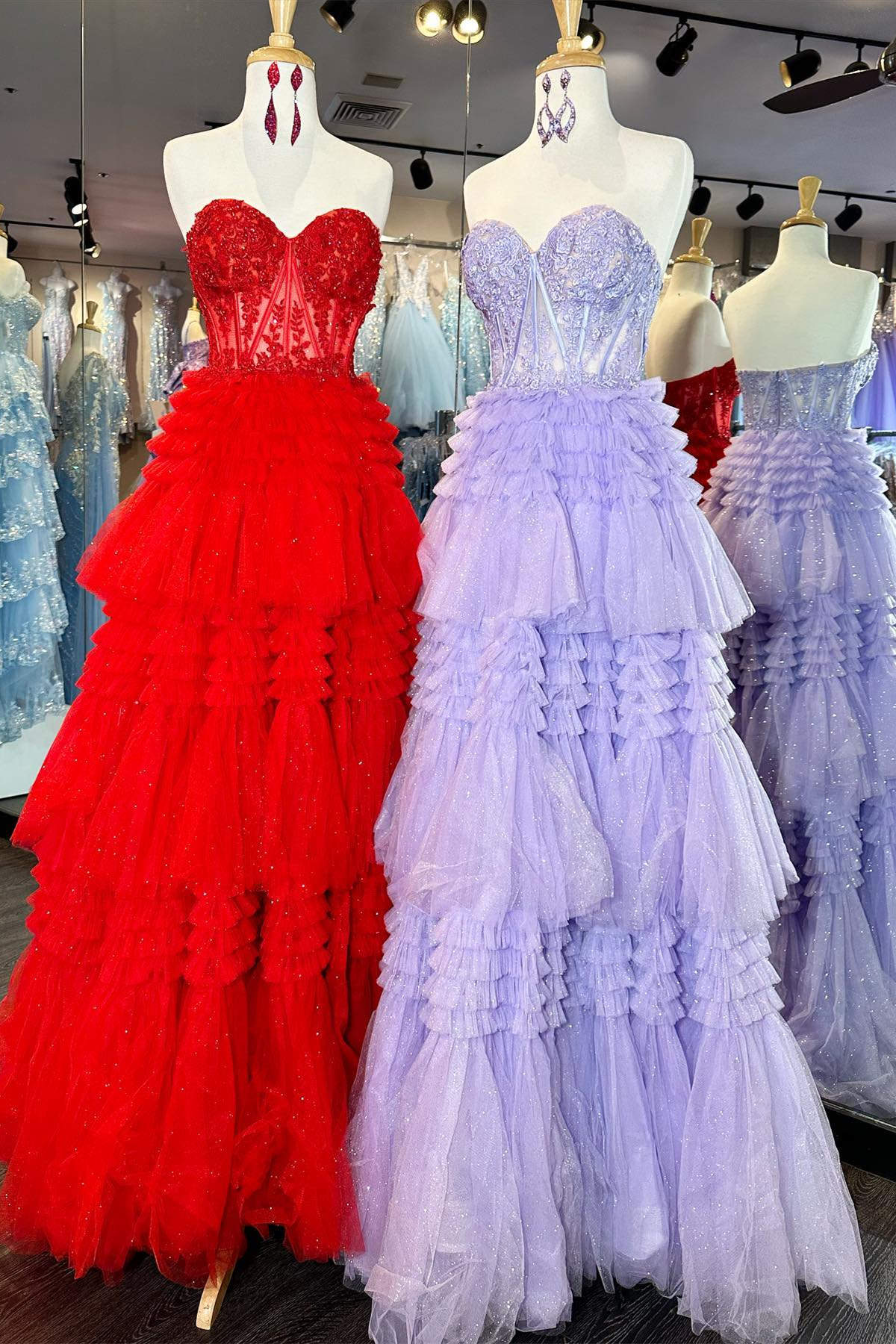 Red Sweetheart Sequins Top Multi-Layers Prom Dress