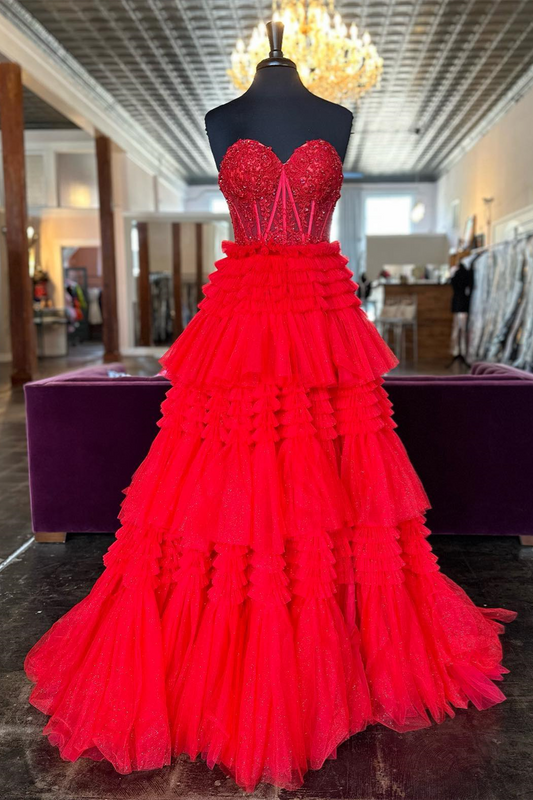 Red Sweetheart Sequins Top Multi-Layers Prom Dress