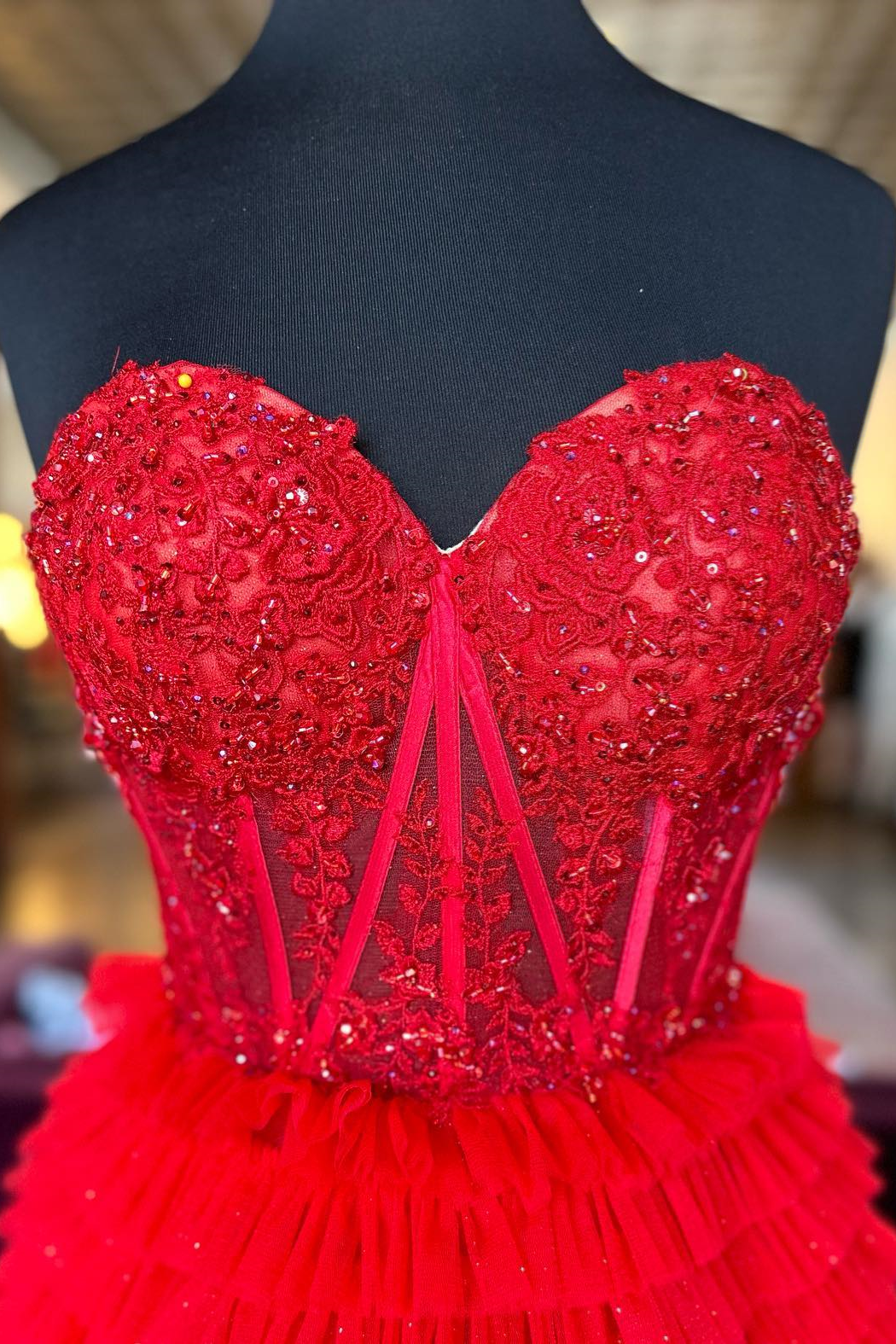 Red Sweetheart Sequins Top Multi-Layers Prom Dress