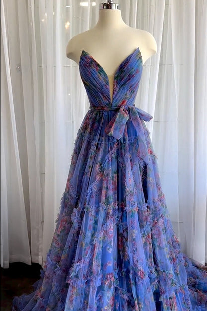 Princess Hot Pink V-Neck Floral Tulle Long Prom Dress with Slit