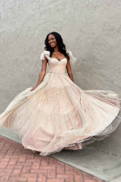 Straps Green A-Line Swiss Dot Tulle Prom Dress with Bow Tie