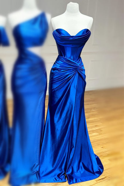 Red Strapless Ruched Mermaid Long Formal Dress with Slit