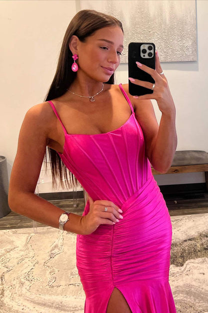 Hot Pink Straps Pleated Satin Mermaid Prom Dress