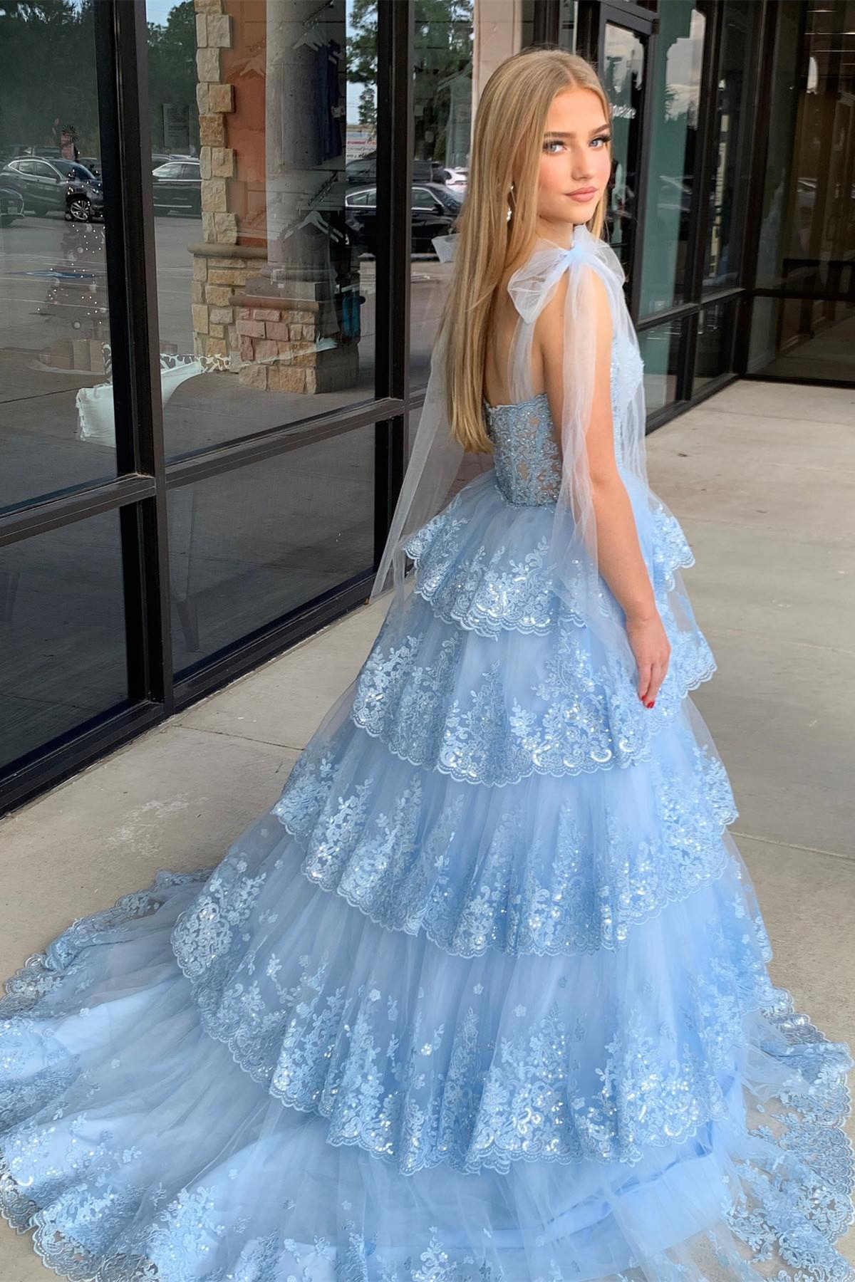 Tie Straps Light Blue Plunging Neck Layered Prom Dress with Appliques