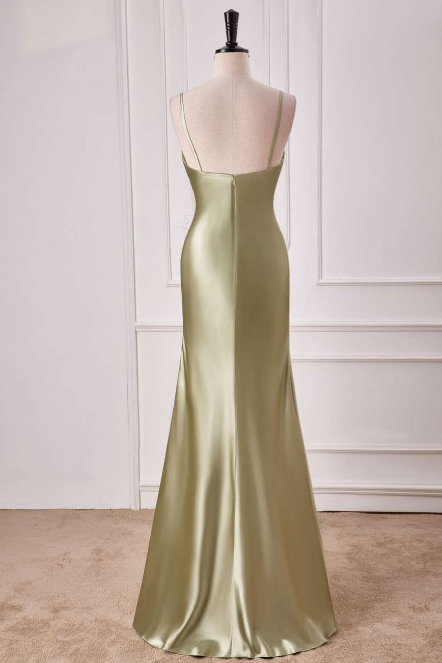 Straps Sage Empire Waist Pleated Satin Maxi Dress