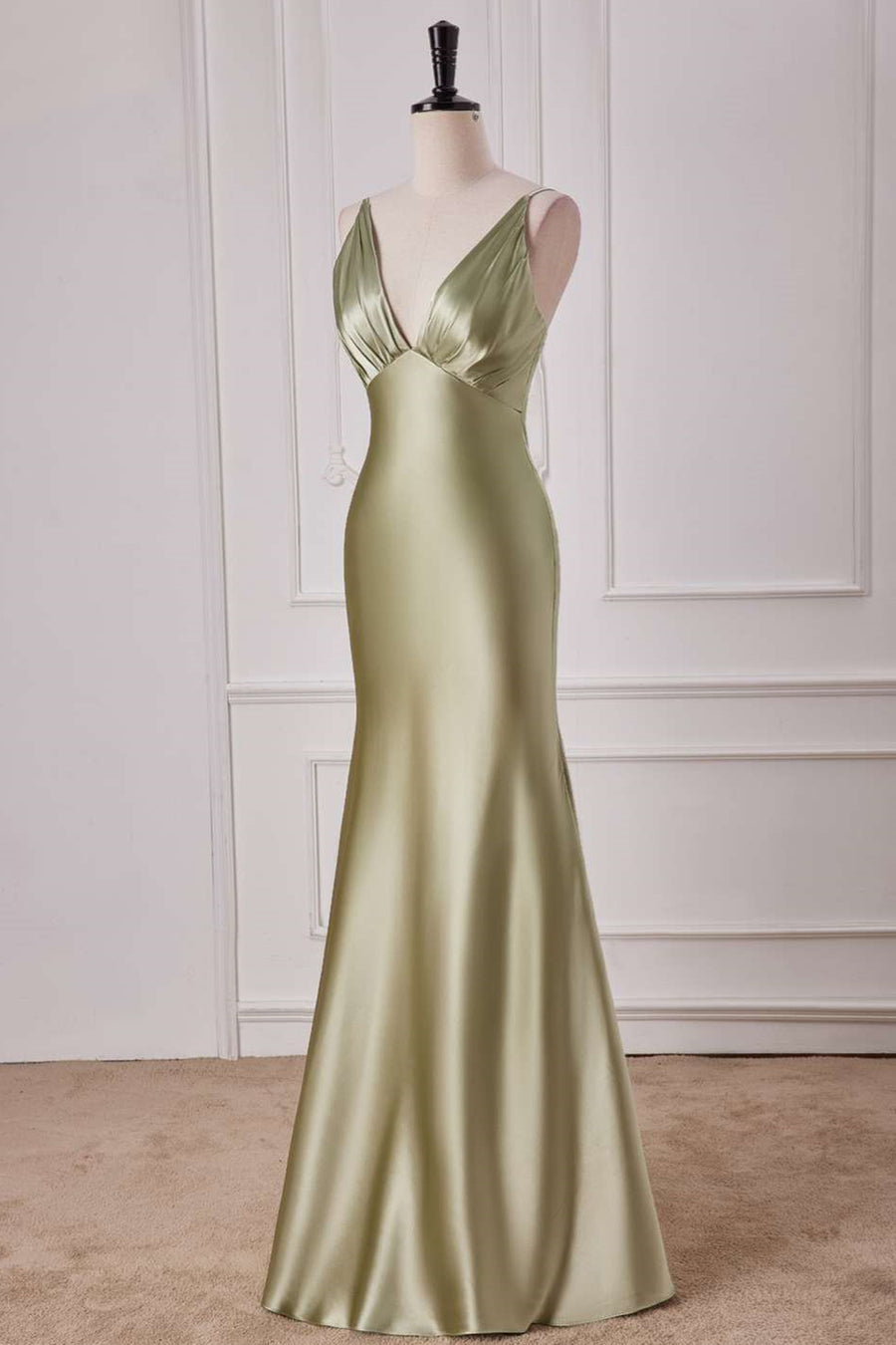 Straps Sage Empire Waist Pleated Satin Maxi Dress
