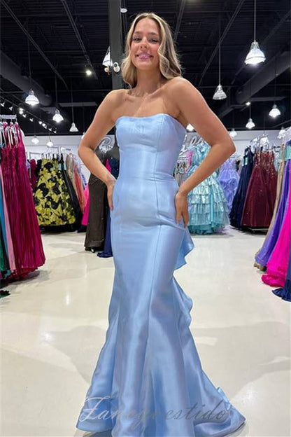 Red Satin Strapless  Ruffle Mermaid Long Prom Dress