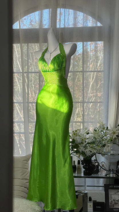 Vintage Mermaid Halter Beaded Wedding Party Dress Green Satin Open Back Long Prom Dresses