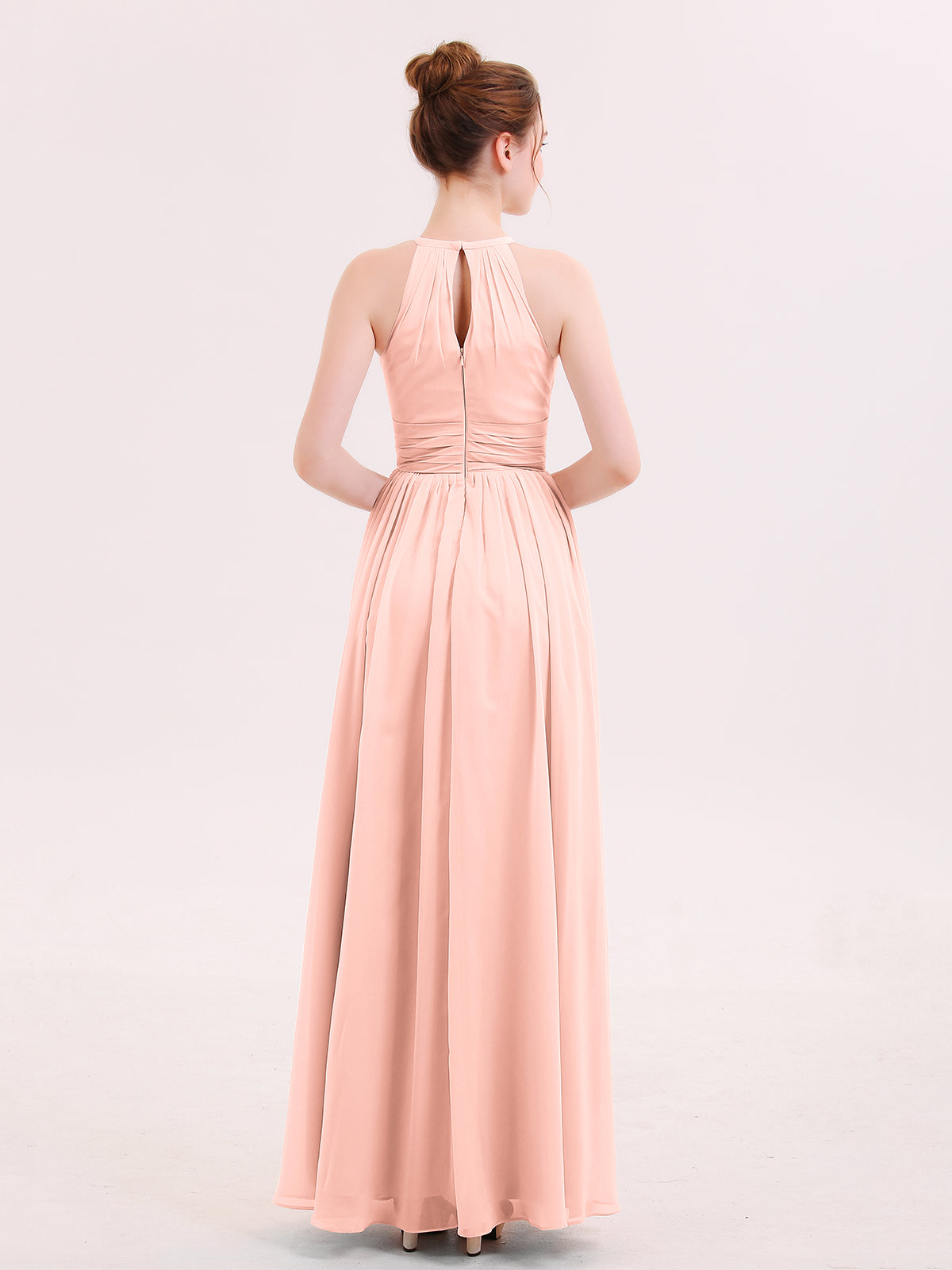 Halter Long Chiffon Dress of Bridesmaids Coral