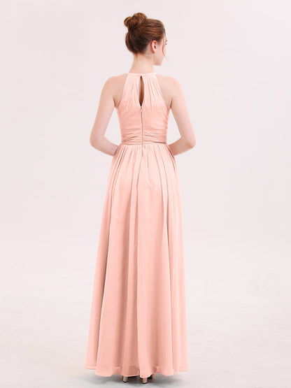 Halter Long Chiffon Dress of Bridesmaids Coral