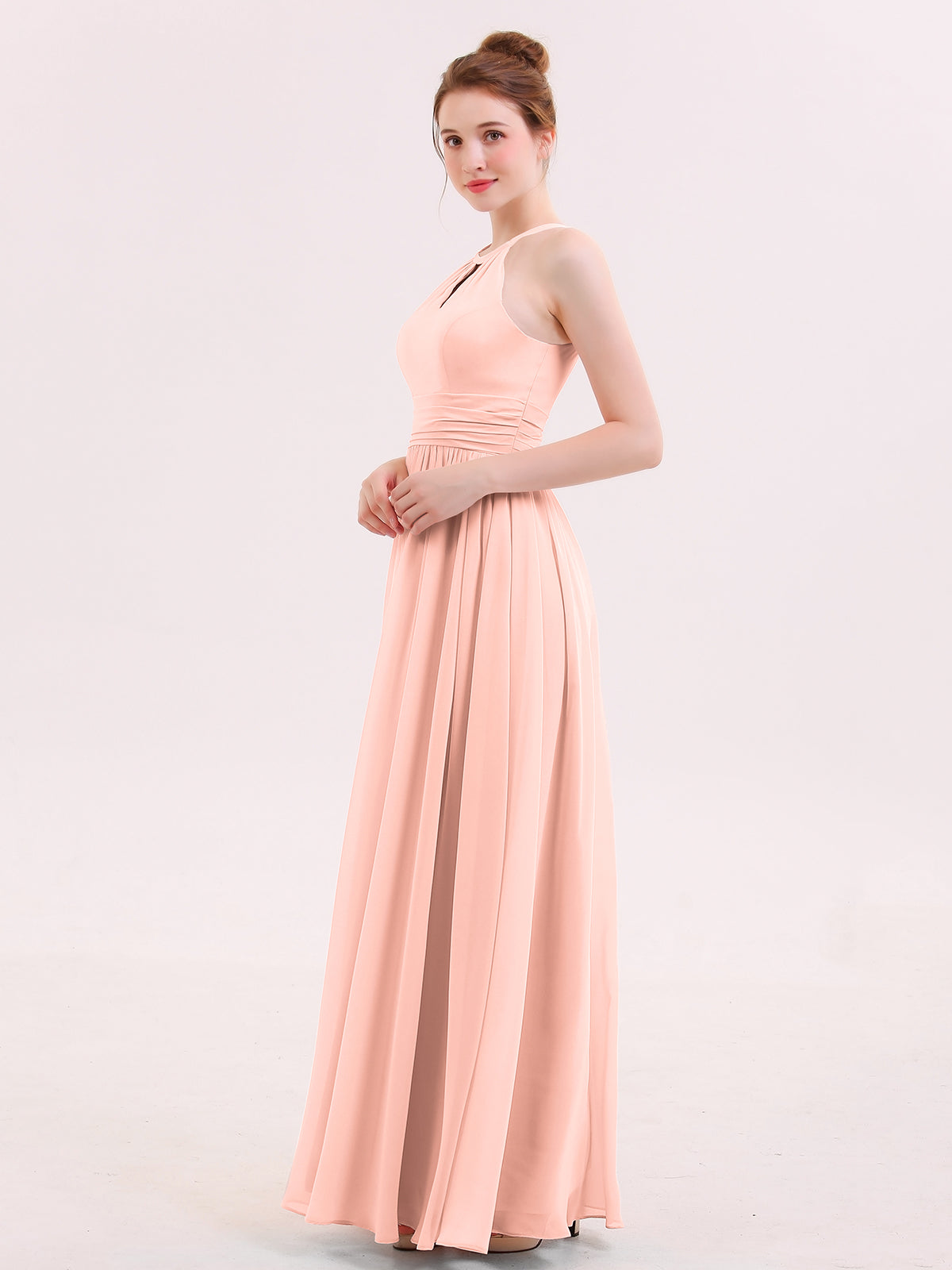 Halter Long Chiffon Dress of Bridesmaids Coral