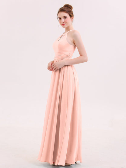 Halter Long Chiffon Dress of Bridesmaids Coral