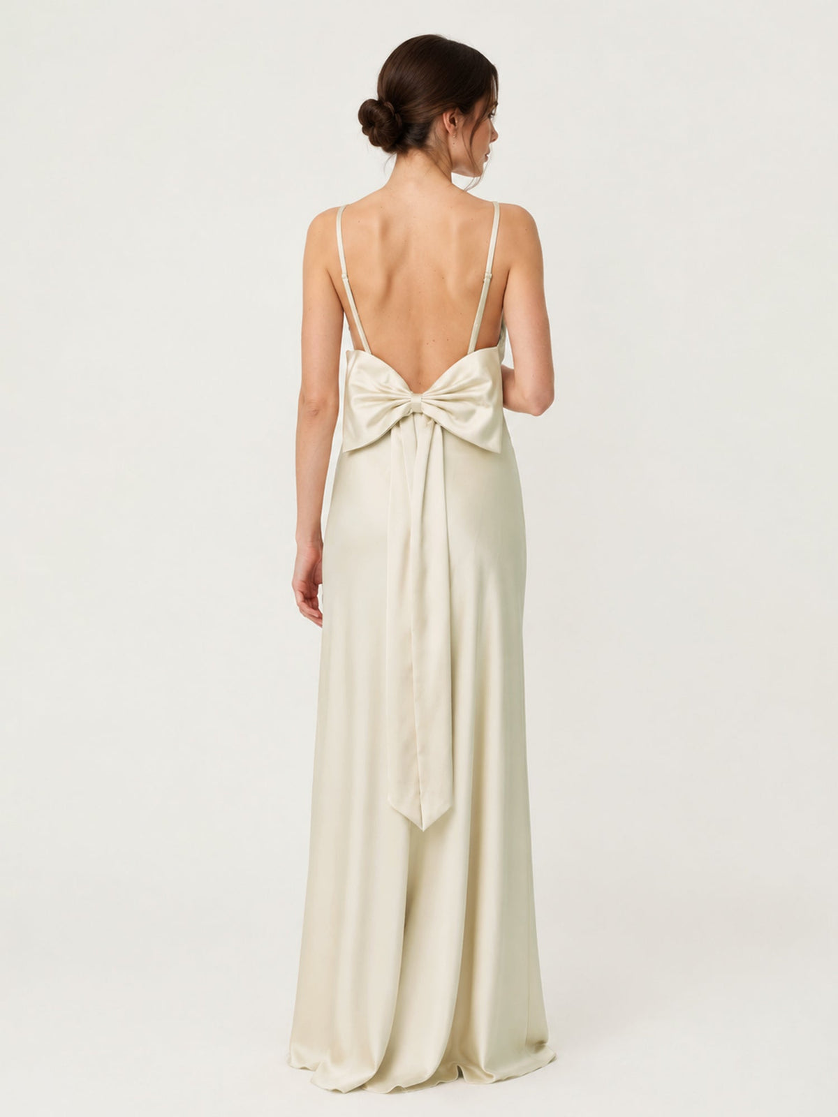 Spaghetti Strap Satin Maxi Dress with Back Bow Detail Ivory