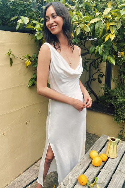 Formal Wear Dresses/Asymmetrical Cowl Neck Ivory Satin Bridesmaid Dress