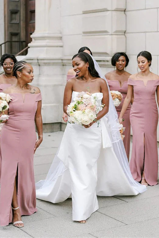 Formal Wear Dresses/Blush Pink Off the Shoulder Bridesmaid Dress with Slit