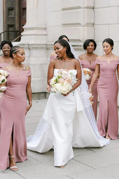 Formal Wear Dresses/Blush Pink Off the Shoulder Bridesmaid Dress with Slit