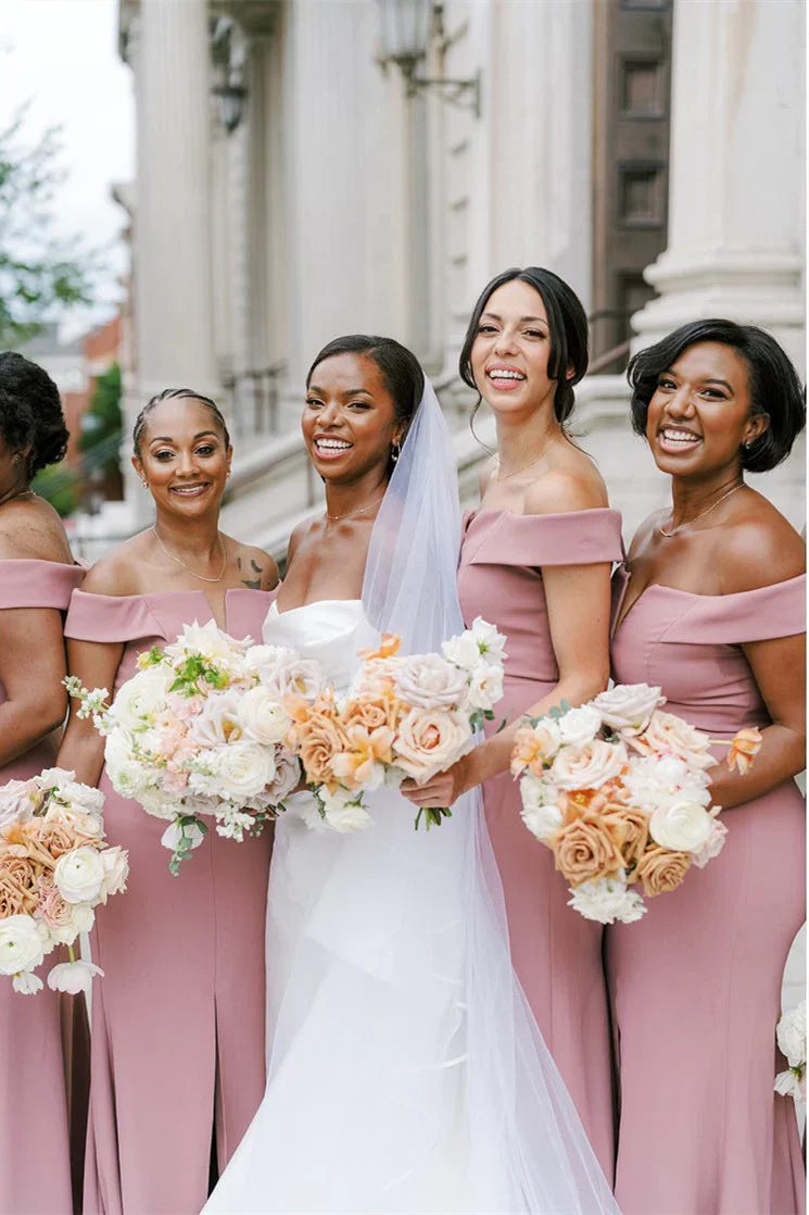 Formal Wear Dresses/Blush Pink Off the Shoulder Bridesmaid Dress with Slit