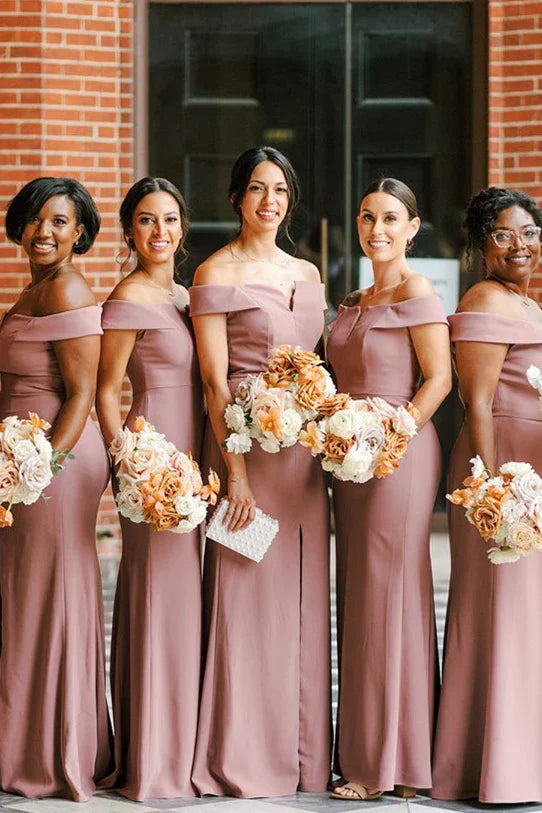 Formal Wear Dresses/Blush Pink Off the Shoulder Bridesmaid Dress with Slit
