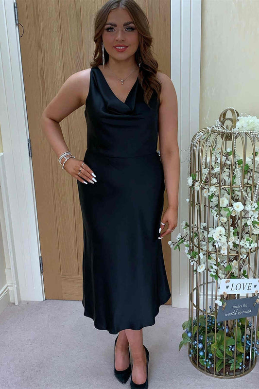 Formal Wear Dresses/Cowl Neck Ivory Sheath Tea Length Bridesmaid Dress