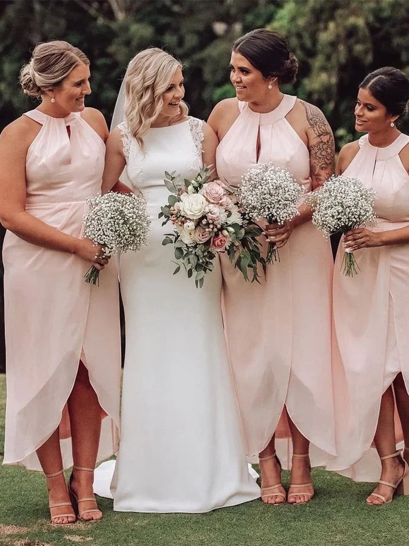 Formal Wear Dresses/Halter Pink Wrap Bridesmaid Dress with Keyhole