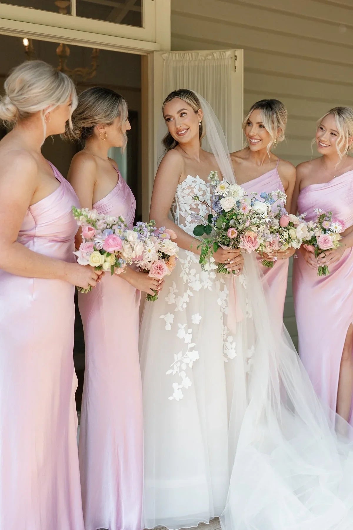 Formal Wear Dresses/One Shoulder Pink Cutout Fitted Bridesmaid Dress
