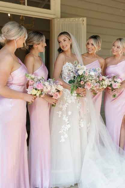 Formal Wear Dresses/One Shoulder Pink Cutout Fitted Bridesmaid Dress