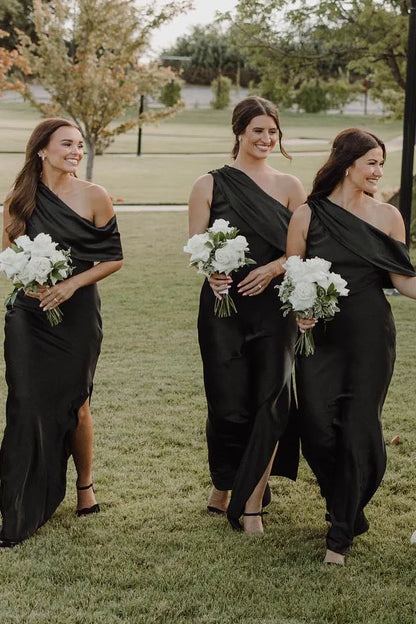 Formal Women's Dresses/Asymmetrical Ruffle Slit Black Bridesmaid Dresses with One Shoulder