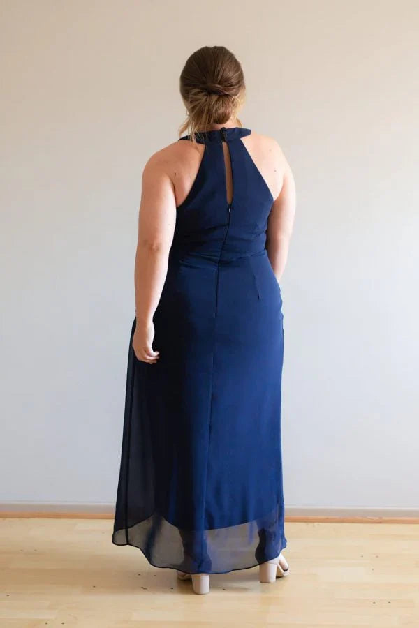 Formal Women's Dresses/Black Hight Neck Chiffon Midi Bridesmaid Dress