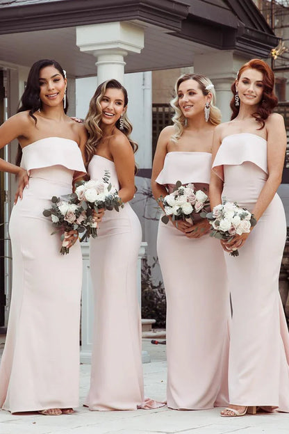 Formal Women's Dresses/Mermaid Floor-Length Strapless Pink Bridesmaid Dresses with Train