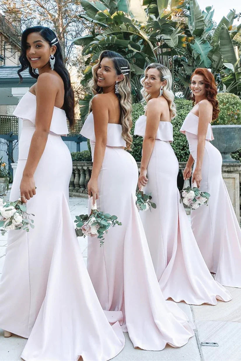 Formal Women's Dresses/Mermaid Floor-Length Strapless Pink Bridesmaid Dresses with Train