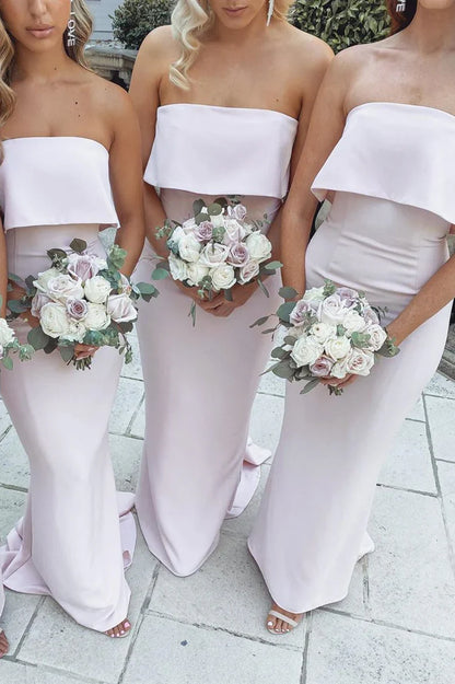 Formal Women's Dresses/Mermaid Floor-Length Strapless Pink Bridesmaid Dresses with Train