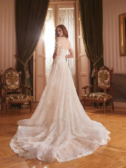 Gorgeous Ivory Lace Applique Off-the-shoulder A-Line Wedding Dress Prom Dress Evening Dress HZ1024