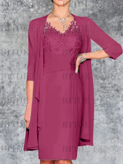 Two Piece Ruffle Chiffon Mother of the Bride Outfit Lace Short Wedding Guest Dress