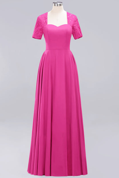 Long A-Line Sweetheart Lace Chiffon Bridesmaid Dresses with Cap Sleeves