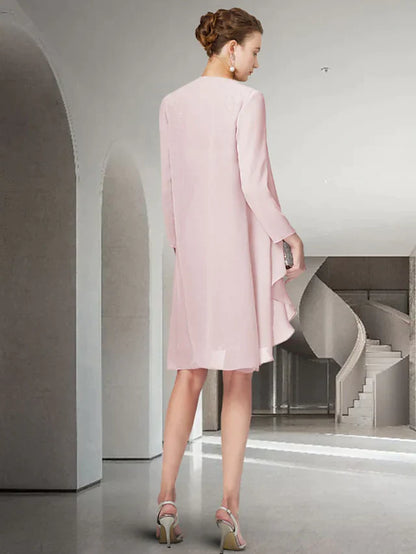Mother of the Bride Dress Elegant Jewel Neck Short Mini Chiffon Long Sleeve with Lace Ruching