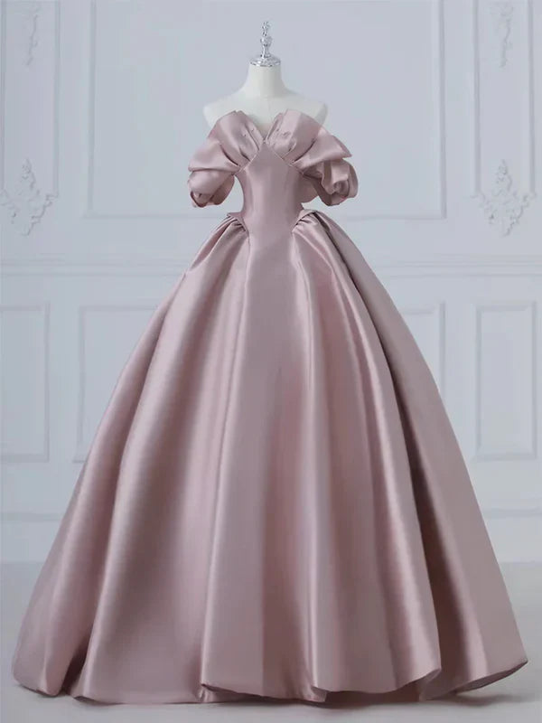 A-Line Pink Satin Long Off Shoulder Prom Dress Quinceanera Dress Evening Dress