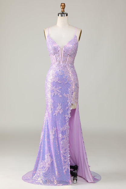 Sparkly Mermaid Spaghetti Straps Purple Corset Prom Dress with Slit Beautiful