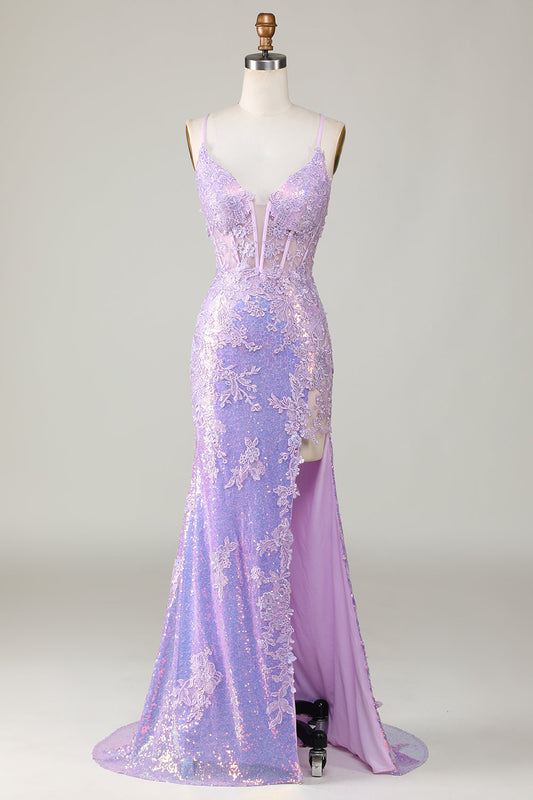 Sparkly Mermaid Spaghetti Straps Purple Corset Prom Dress with Slit Beautiful