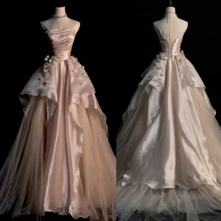 Pink Gorgeous Exquisite A-line Off-shoulder Beaded Long Tulle Ball Gown Wedding Dress Evening Gown gh3497