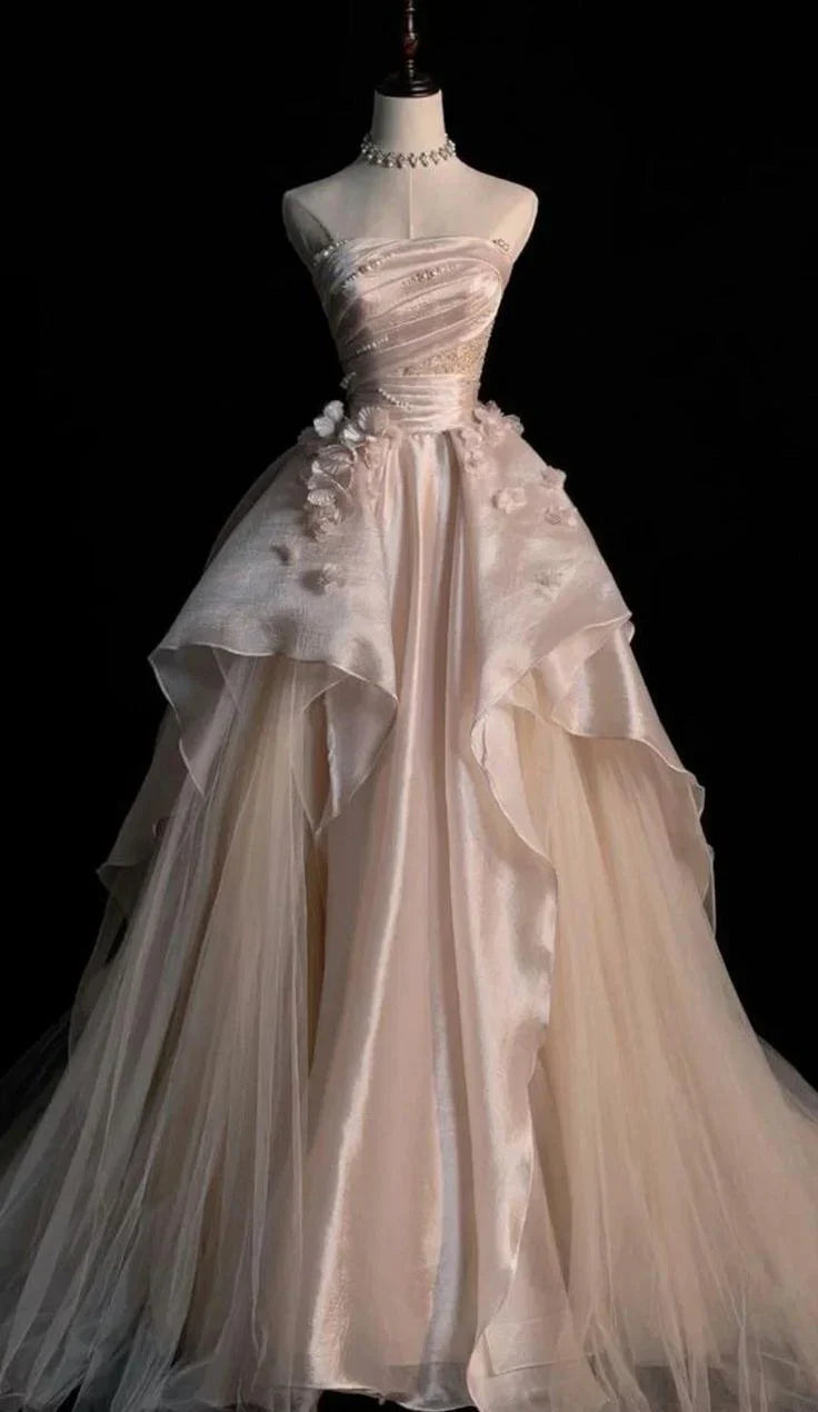 Pink Gorgeous Exquisite A-line Off-shoulder Beaded Long Tulle Ball Gown Wedding Dress Evening Gown gh3497