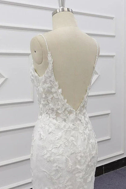 White Tulle Wedding Dress Lace Appliques Spaghetti Straps Mermaid Bridal Dress Open Back