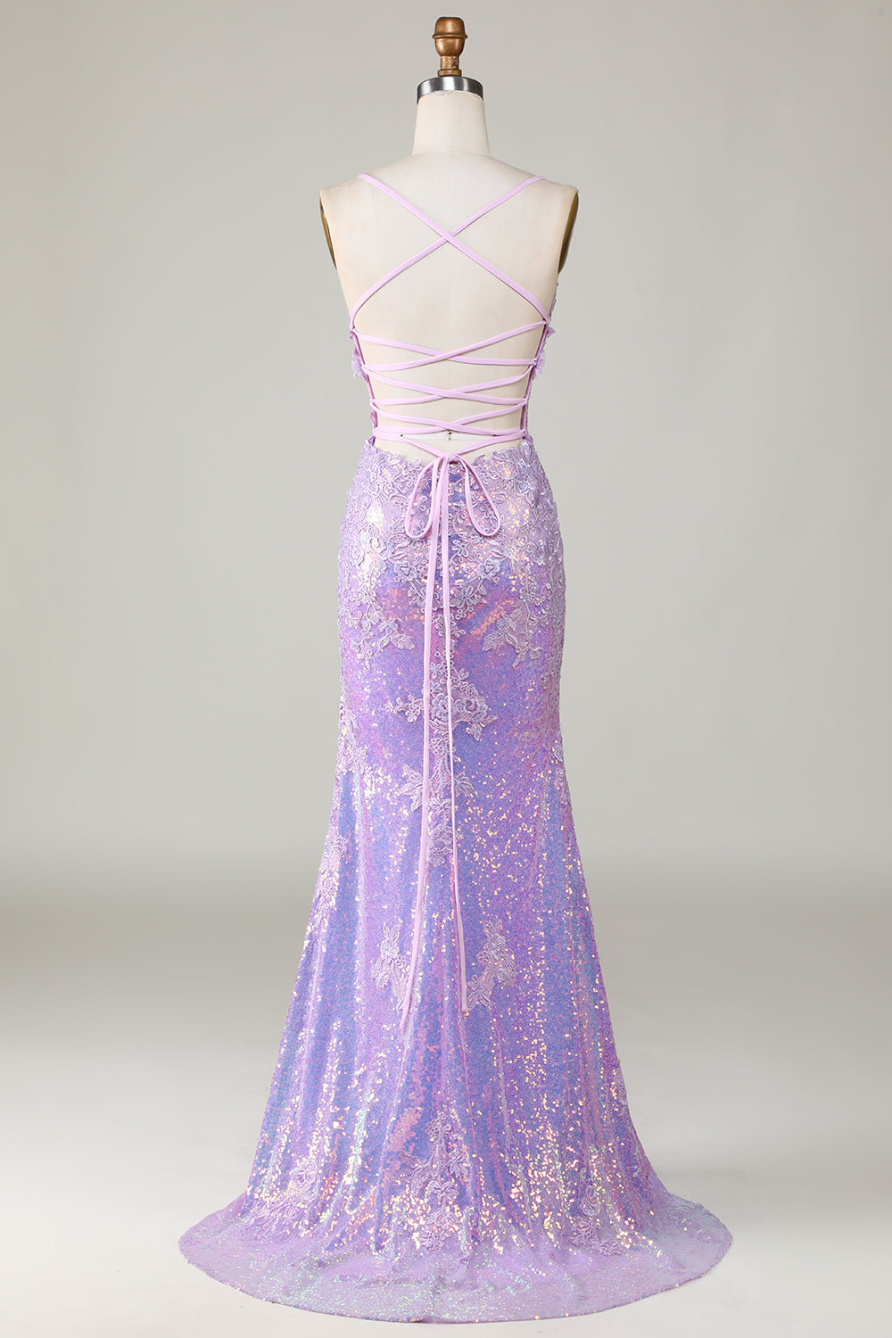 Sparkly Mermaid Spaghetti Straps Purple Corset Prom Dress with Slit Beautiful