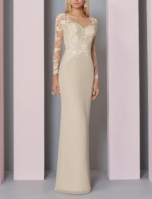 Sheath / Column Mother of the Bride Dress Wedding Guest Elegant See Through Jewel Neck Floor Length Chiffon Lace Long Sleeve