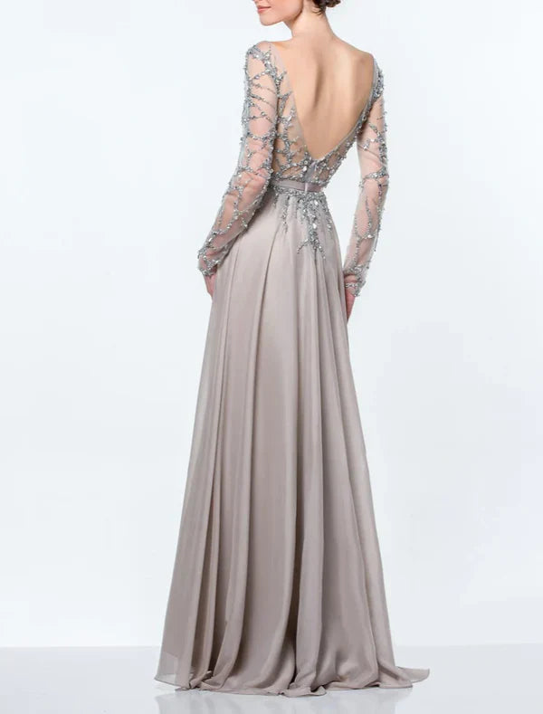 A-Line Mother of the Bride Dress Formal Wedding Guest Elegant Jewel Neck Floor Length Chiffon Sequined Long Sleeve with Sequin Open Back