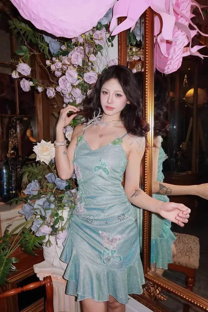 Fashion Mint Green Sparkling Sequin Spaghetti Strap Ruffled Hem Short 16th Birthday Party Dress Homecoming Dress HZ0319